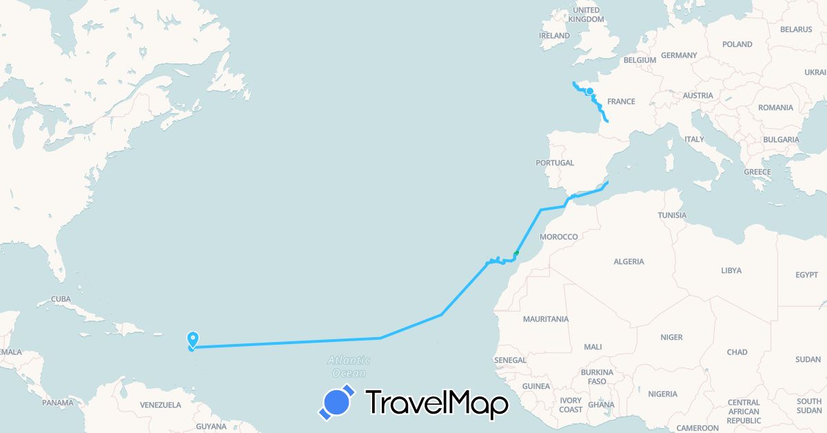 TravelMap itinerary: driving, bus, cycling, boat in Spain, France, Gibraltar (Europe)
